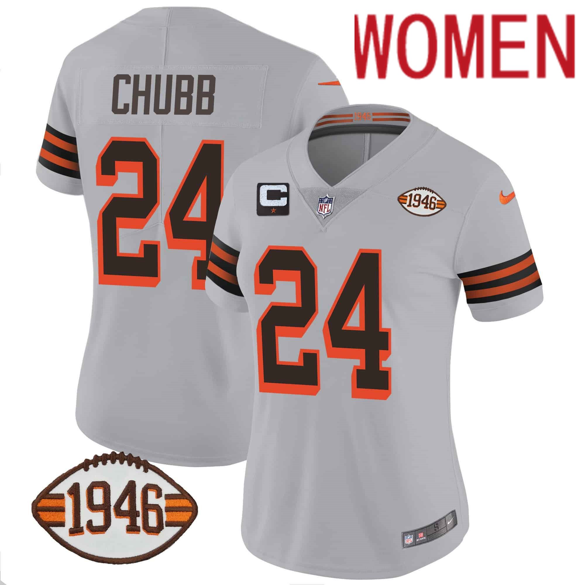 Women Cleveland Browns #24 Chubb Grey 1946 75th Anniversary Patch 2024 Nike NFL Jersey
